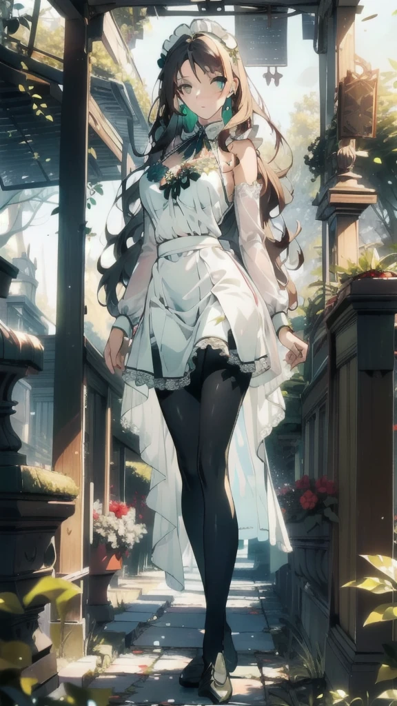 ((masterpiece, best quality)), Delicate face，Maid，whole body，Standing picture，Long legs，Large Breasts，Gradient long wavy hair，Perfect body proportions，Nice green eyes，Extremely beautiful，transparent， Pure white background，Garden falling leaves，Sexy_Bikini，Lace，Pantyhose