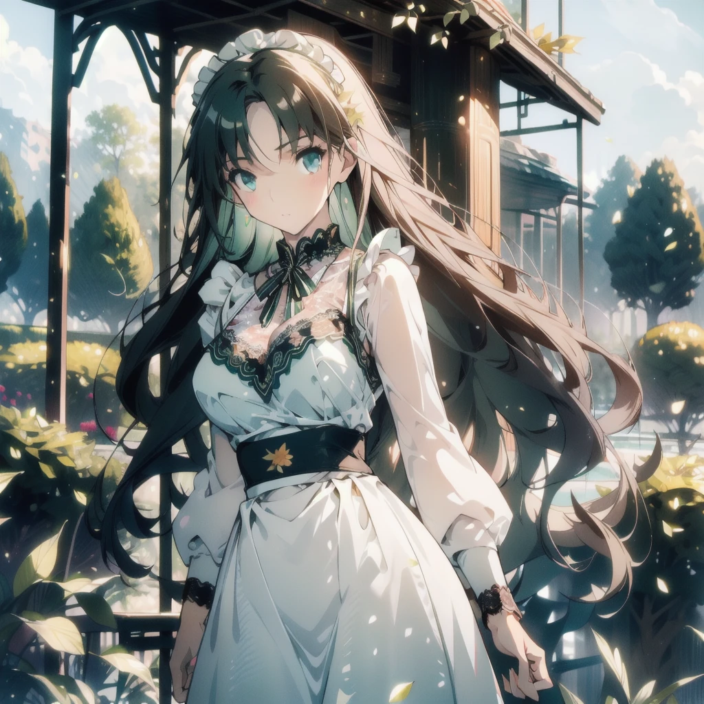 ((masterpiece, best quality)), Delicate face，Maid，whole body，Standing picture，Long legs，Large Breasts，Gradient long wavy hair，Perfect body proportions，Nice green eyes，Extremely beautiful，transparent， Pure white background，Garden falling leaves，Sexy_Bikini，Lace，Pantyhose