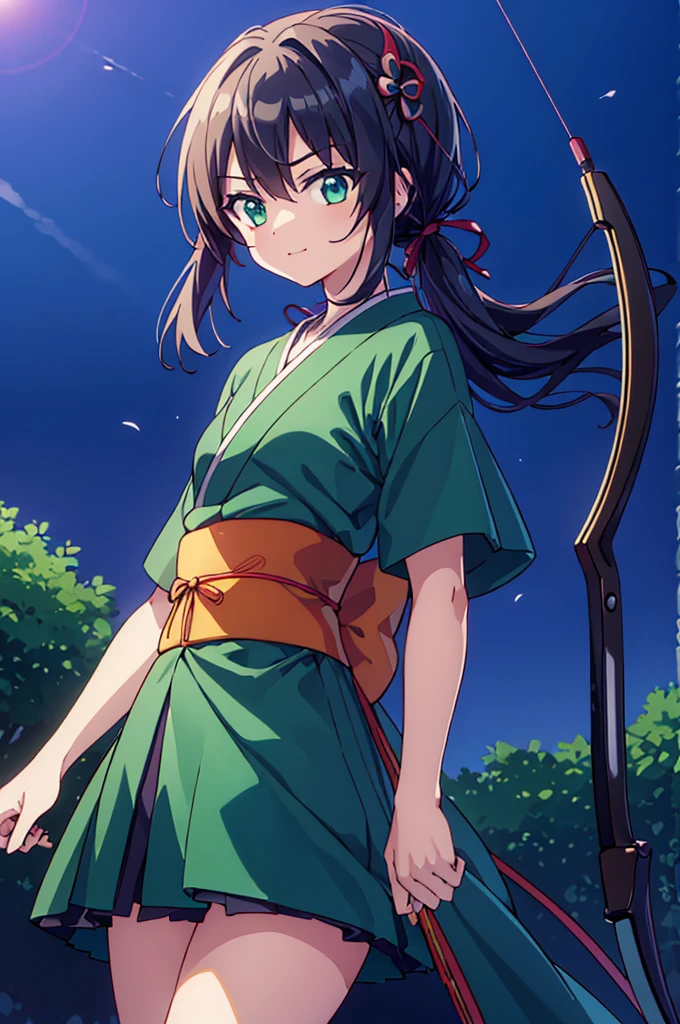 Highest quality, masterpiece, High resolution, alone, （Rurouni Kenshin: Saito Hajime），smile，（(Bow and Arrow)) ，Killer，kimono，（Long Bow），（Jinhaori），Evening sky_background，Young Girl，Anime Style, Highest quality, 4k, masterpiece,， alone, 1,whole body，looking at the camera, Shinkai Makoto style, （Emerald green_coat）Sharp Eyes，Low posture，（(Draw the bow pose)) ，（Full Finger）, （Accurate fingertips）, （The finer details）, （Anatomically correct）, (映画のbackground), Hyper Detail, (Subtle details), (Intricate details),