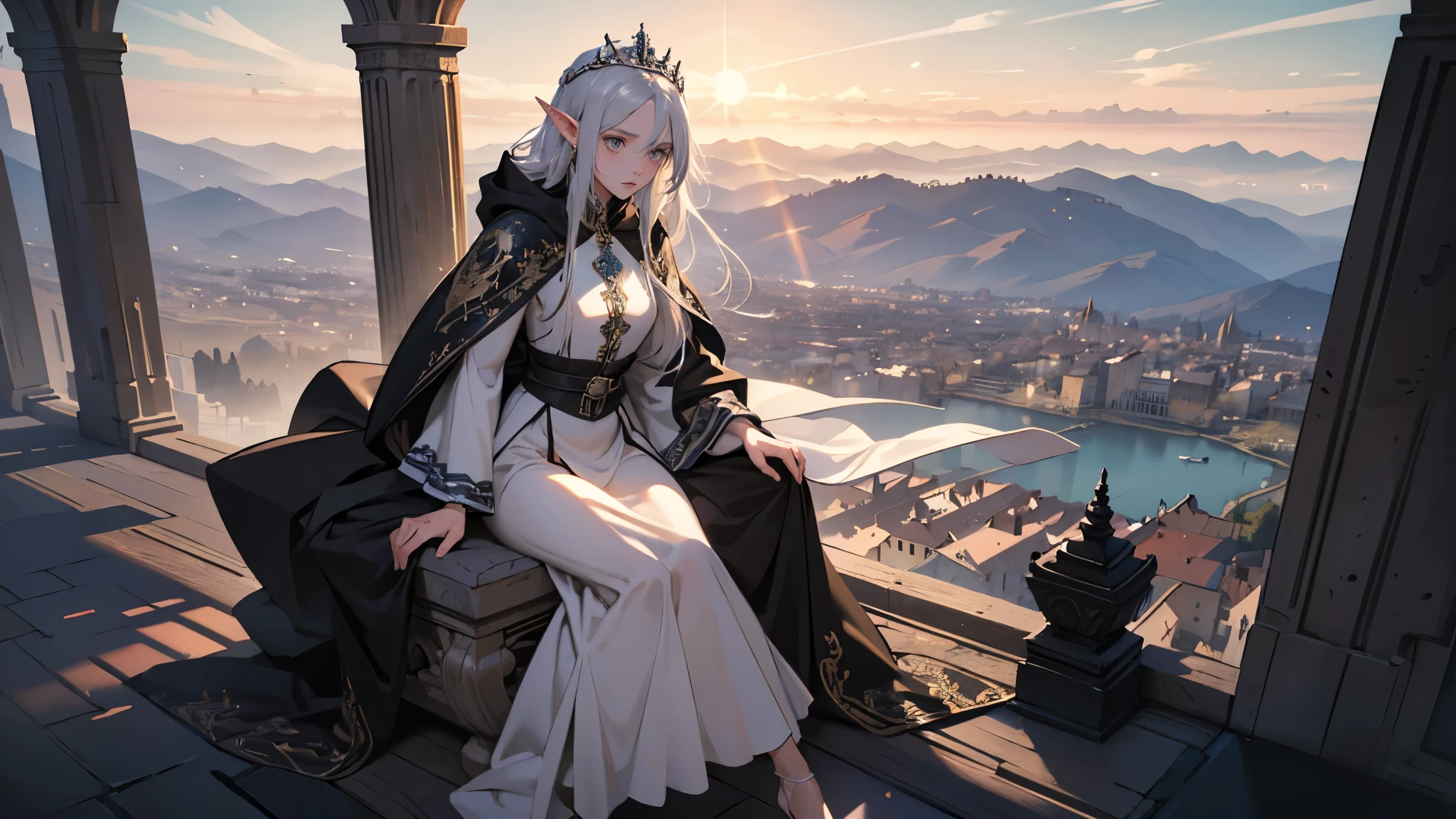 masterpiece, ultra detailed, 8K Portrait, Raw photo, a portrait photo of girl, Highly detailed face, beautiful and meticulous eyes, ((Fantasy)), (elf:1.0), 1woman, 30 year old, gray long hair, brown eyes, (melancholy expression:1.2), tiara, skinny, (ultra thin black transparent silk cloth), hooded long white coat Fluttering in the wind, ((bare foots)), Midday Sun, Hyper realistic, out of medieval castle in the sky, sitting on the throne, Ambient lighting, Shadow details , strong breeze, Light fog