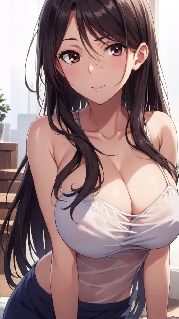 (Upper Body),alone,Medium Shot,(masterpiece:1.4),anime,Portraiture, 8k,Realistic, Elegant mature woman, Brown eyes, (Black Hair:1.4), smile,Big Breasts,(Transparent camisole:1.4),Long Straight Hair, Beautiful breasts,(See-through nipples:1.3), 4K resolution, High quality CG, Beautiful CG, Soft Light