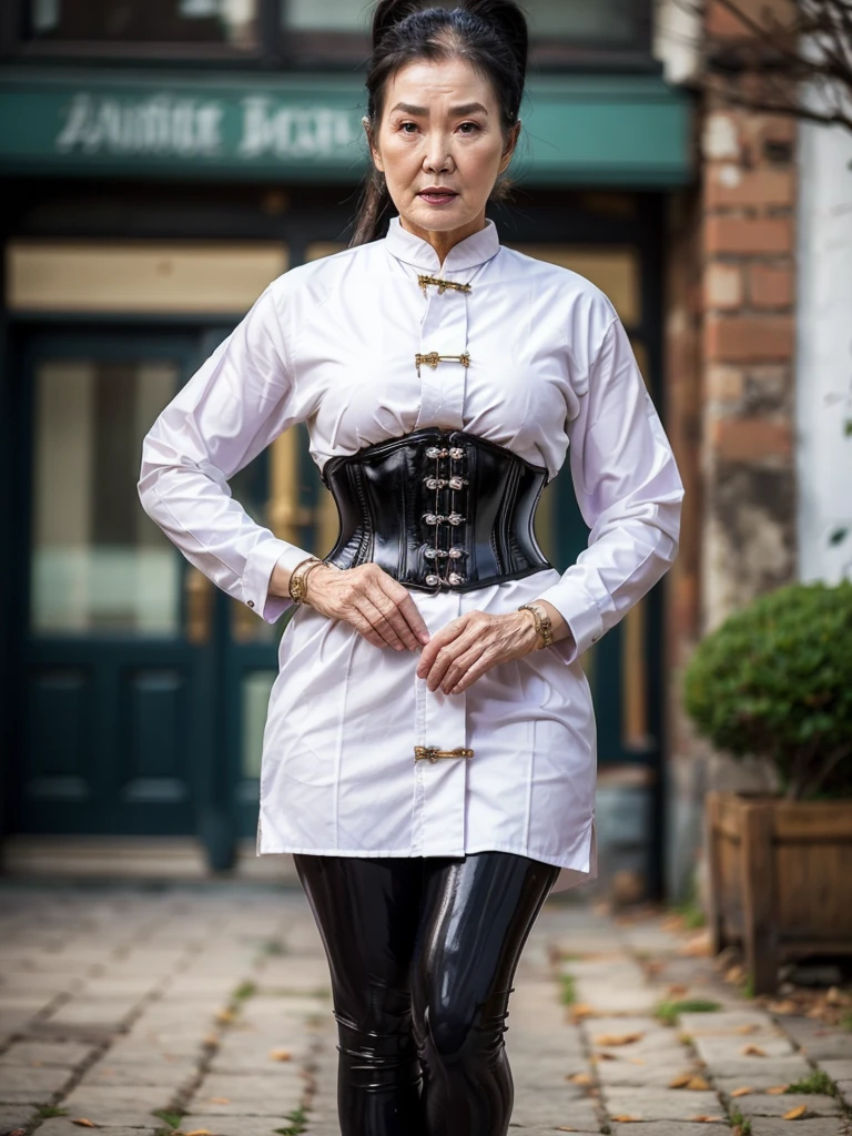 ((best quality)), ((Masterpiece)), (4k details), photorealism, full body, (((Old Asian woman))), ((Age 70)), tight black latex leggings, white cotton dress shirt, purple leather waist corset, Big muscles, Twintail hairstyle, Eyes on the camera,