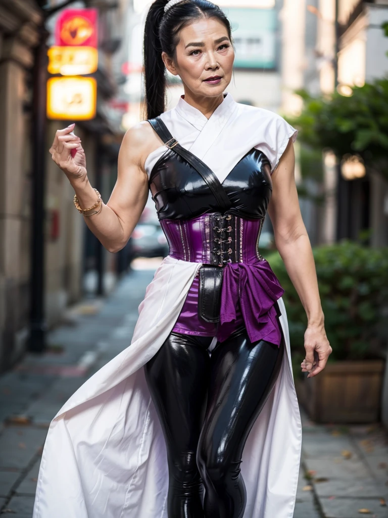 ((best quality)), ((Masterpiece)), (4k details), photorealism, full body, (((Old Asian woman))), ((Age 70)), tight black latex leggings, white cotton dress shirt, purple leather waist corset, Big muscles, Twintail hairstyle, Eyes on the camera,