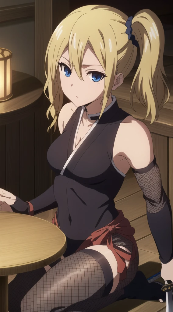 hayasaka,blonde hair, blue eyes, hair Scrunchie, side ponytail, Scrunchie, 1 girl, hair ornaments,alone, hair between eyes,(ninja:1.3),(fishnet-bodysuit:1.3), bare shoulders, detached sleeves, cleavage,thighhighs,ponytail, (red ribbon:1.2),(ninja sword:1.3),
beautiful Finger,beautiful long legs,Beautiful body,beautiful character design, perfect eyes, Perfect face,expressive eyes, looking at the viewer, Appear on knees,sexy pose,in the center of the image, official art,High Definition CG Unity, Perfect lit, bright_front_face_lit, (table top:1.0),(Highest_quality:1.0),4k,Super detailed, photograph, 8K, nffsw, High resolution, absurd:1.2, kodak portrait 400, film grain, Lens flare, (lively_color:1.2) (beautiful,medium breasts:1.4), (beautiful_face:1.3),(narrow_waist),
