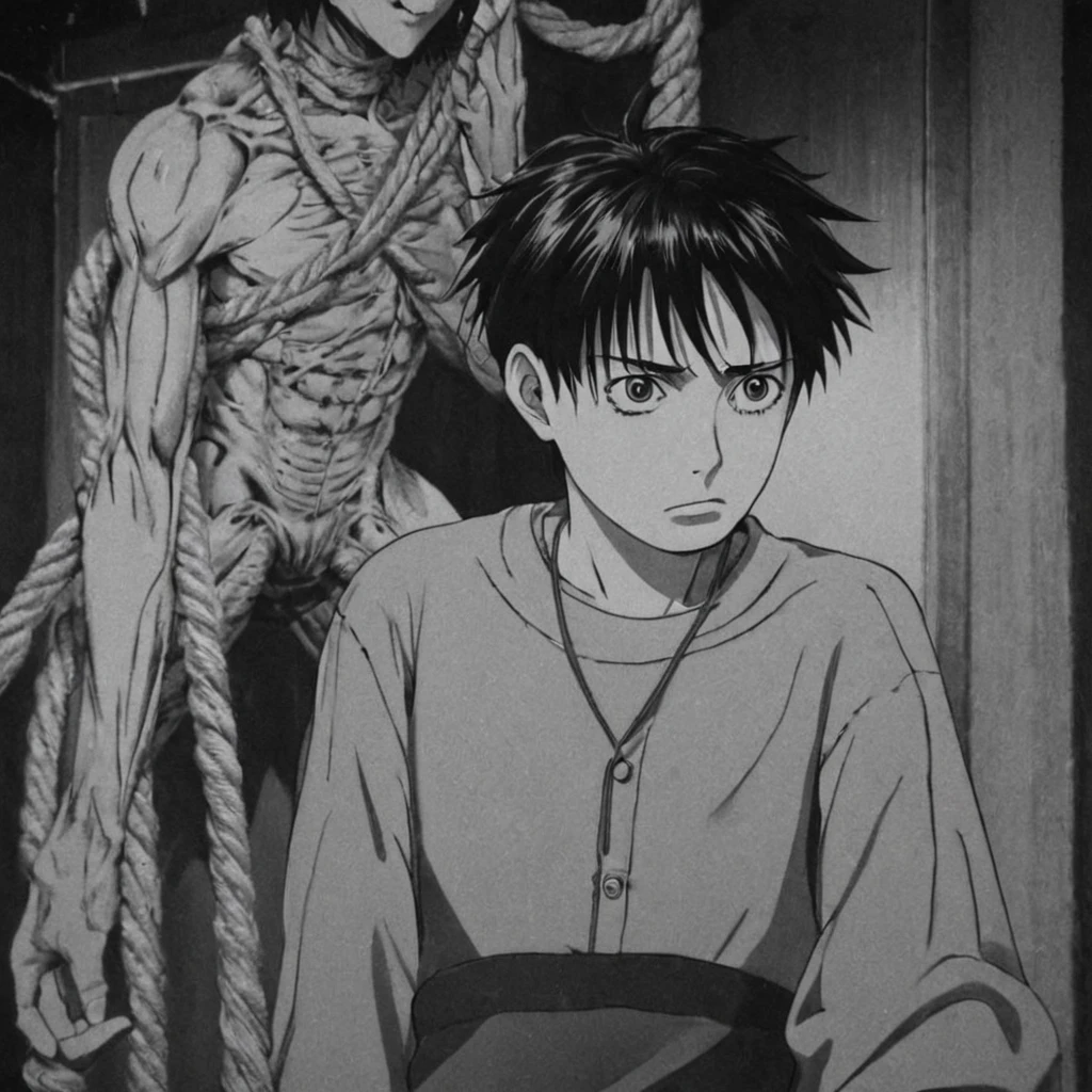 1man, pulling the rope (anime), bizarre scenario, Junji Ito, Yusuke Murata, black and white, 8k, anime, horror