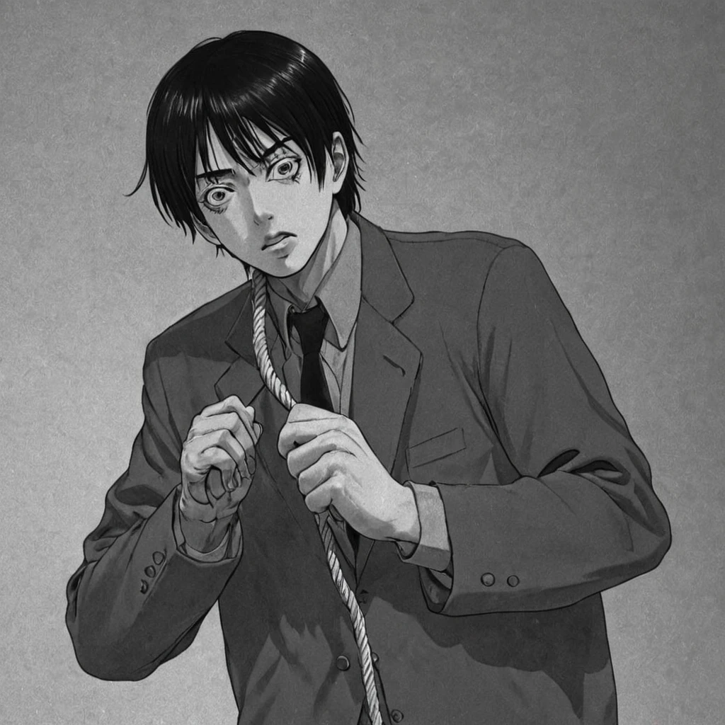 1man, pulling the rope (anime), bizarre scenario, Junji Ito, Yusuke Murata, black and white, 8k, anime, horror