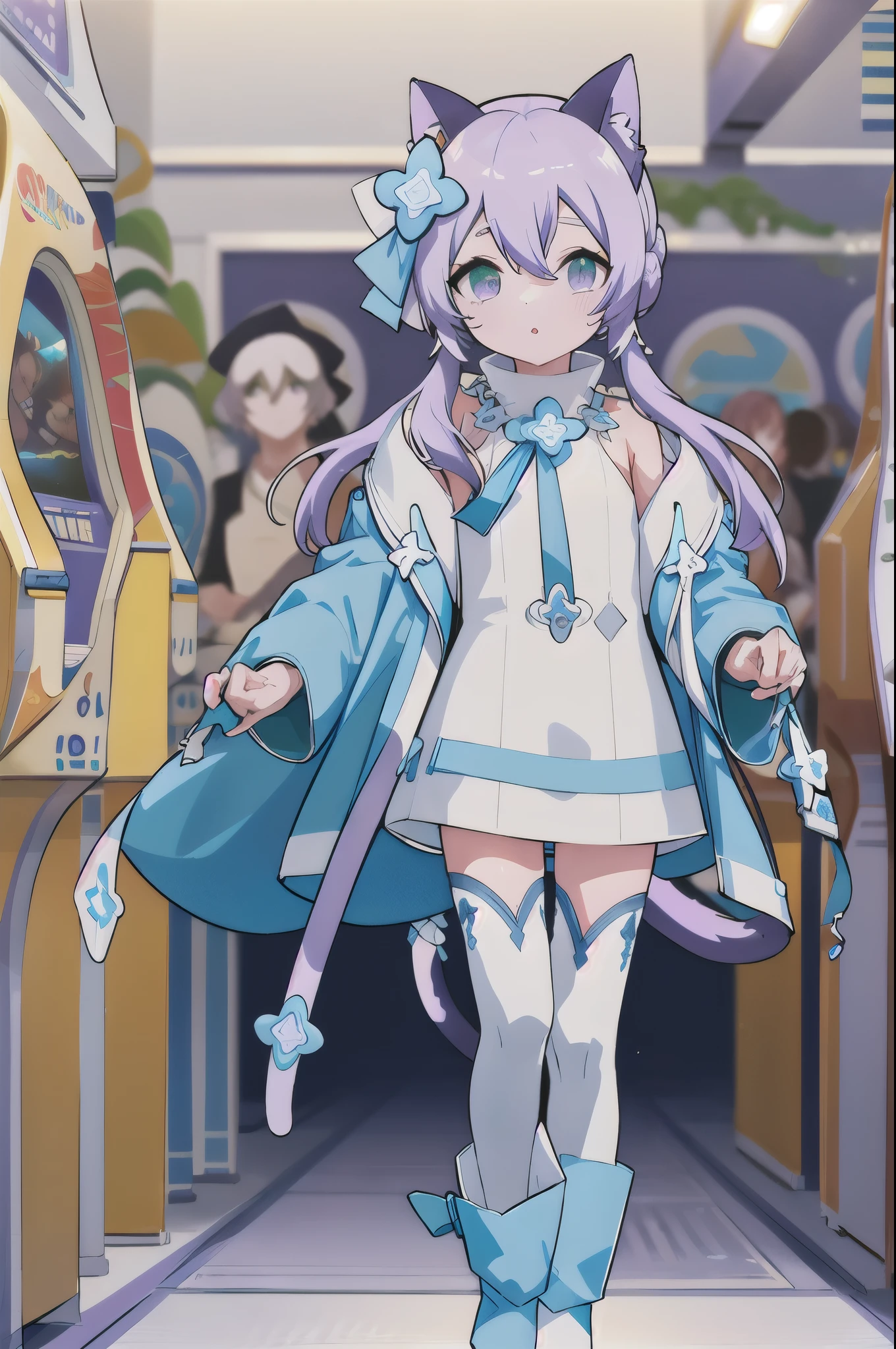 masterpiece, Highest quality,anime colored,alone,Watching the audience, indoor,Arcade,Are standing, Green Eyes, Purple eyes, Green Eyes, White Hair Band, Cat ear,Very long hair, Gray purple hair,hair ornaments,Small breasts, Blue coat,Blue ankle garters, Blue ankle garters, White thigh-high boots, Purple cat tail