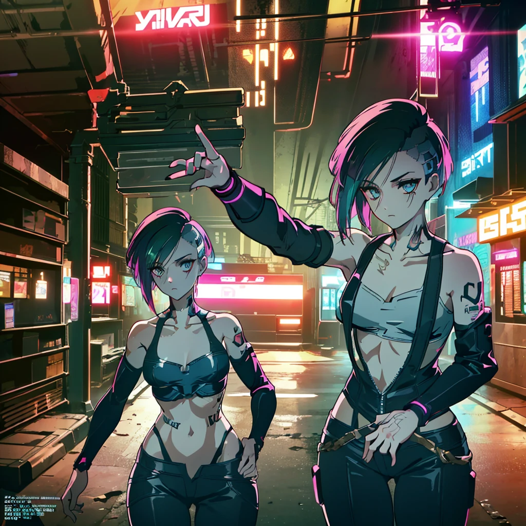 Create an anime-style, high-resolution, ultrasharp 8K masterpiece of Judy Alvarez from "Cyberpunk 2077." She has a punk-inspired look with partially shaved sides and the rest of her hair dyed in vibrant colors. Her expressive eyes are highlighted with bold, edgy makeup. She sports a series of intricate tattoos covering her neck, arms, and torso, adding to her rebellious aura. Judy wears a stylish, futuristic outfit with a mix of leather and neon accents, embodying the gritty, cyberpunk aesthetic. The background should reflect the neon-lit streets of Night City, emphasizing the urban, high-tech environment. Capture her confident, determined expression as she stands ready, showcasing her role as a skilled braindance technician and fierce protector of the marginalized.