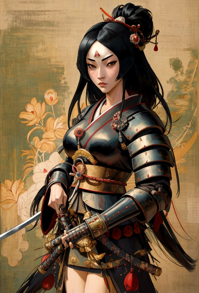 a picture of Japanese female samurai, she has long black hair, wearing samurai armor, armed with a katana, ready for battle, dynamic angle,, Japanese fantasy art, (Masterpiece: 1.5), 16k, highres, best quality, high details, ultra detailed, masterpiece, best quality, (extremely detailed), arafed, dnd art, JapaneseKatana, wtrcolor style