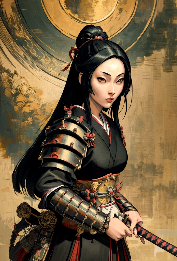 a picture of Japanese female samurai, she has long black hair, wearing samurai armor, armed with a katana, ready for battle, dynamic angle,, Japanese fantasy art, (Masterpiece: 1.5), 16k, highres, best quality, high details, ultra detailed, masterpiece, best quality, (extremely detailed), arafed, dnd art, JapaneseKatana, wtrcolor style