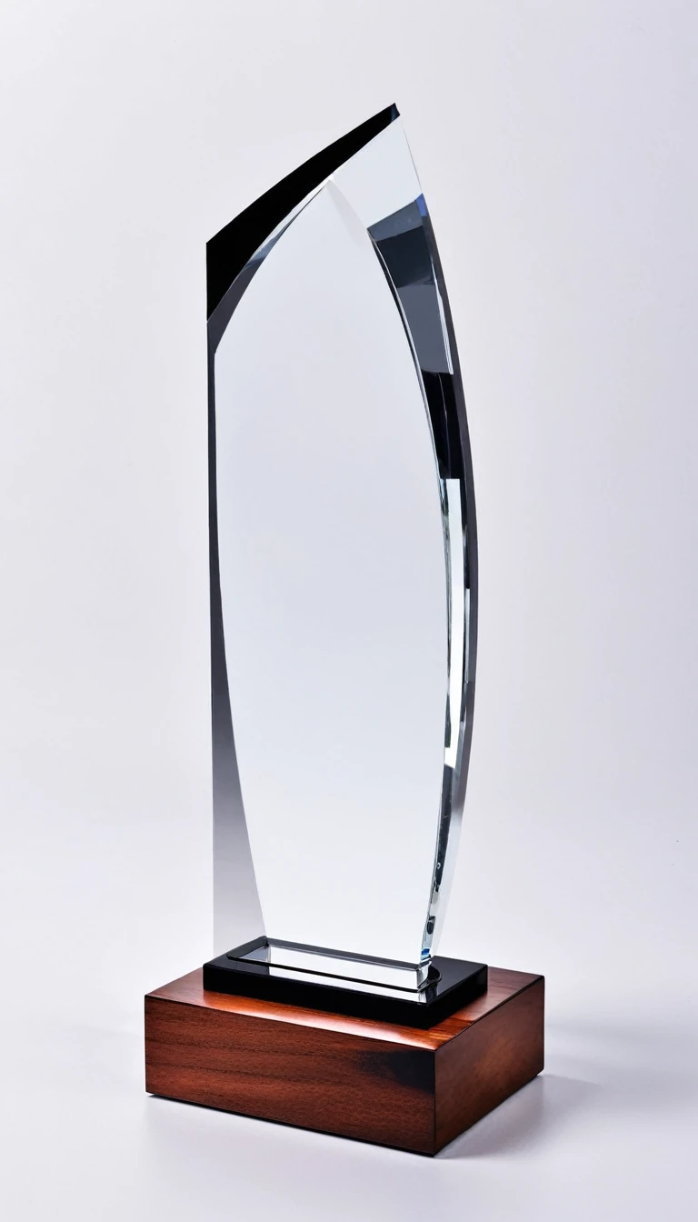 A cool trophy；Made of crystal and black metal，Beautiful curves，Fashion造型；Wooden square base，There is a metal nameplate on the base；Simplicity，Fashion，Feature，White background，Front view。