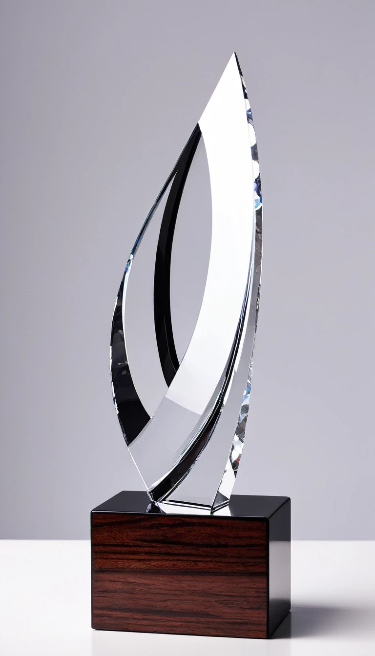 A cool trophy；Made of crystal and black metal，Beautiful curves，Fashion造型；Wooden square base，There is a metal nameplate on the base；Simplicity，Fashion，Feature，White background，Front view。
