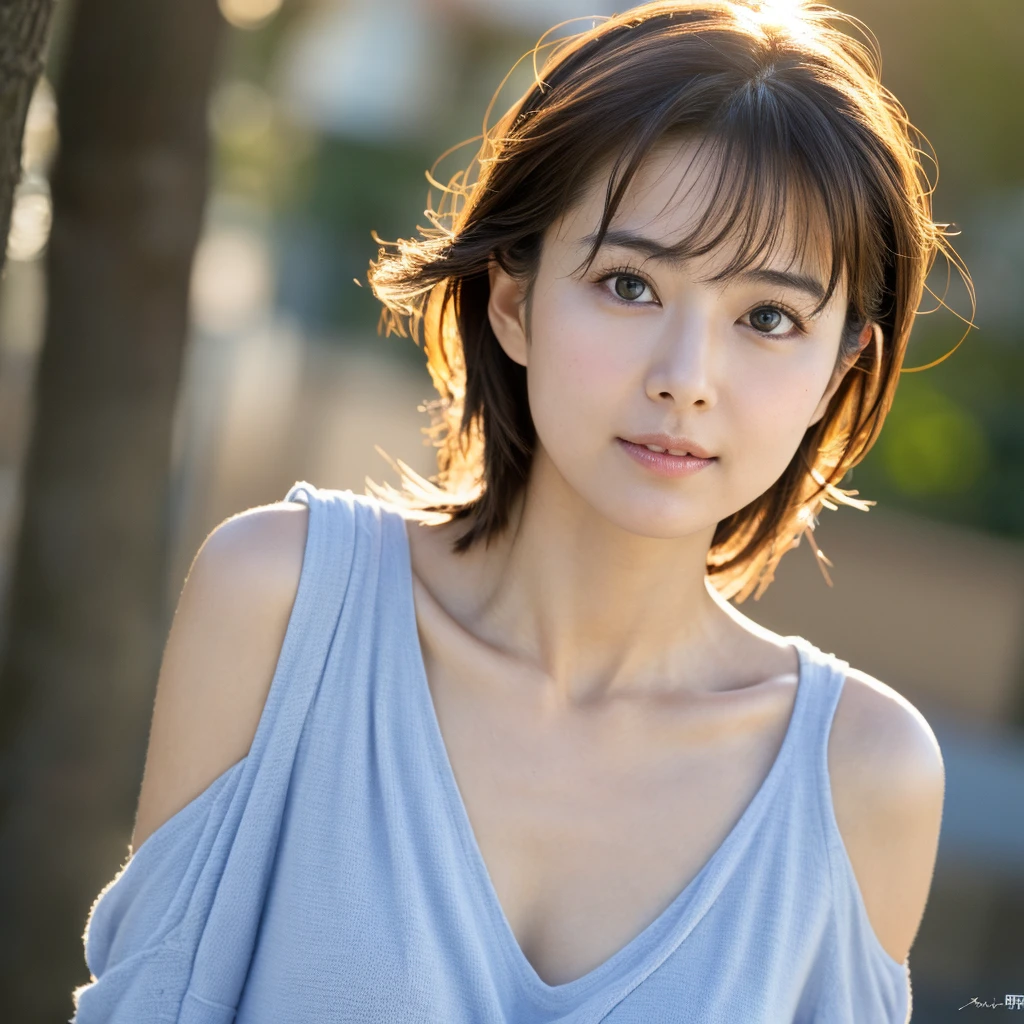 4K, High resolution, masterpiece, Highest quality, head:1.3, (Japanese actress), Detailed skin, Sharp focus, (Cinema Lighting), clavicle, morning, Soft lighting, Medium Hair, Dynamic Angle, [:(Detailed face:1.2):0.3], Thigh Gap, Casual clothing, thin, Outdoor