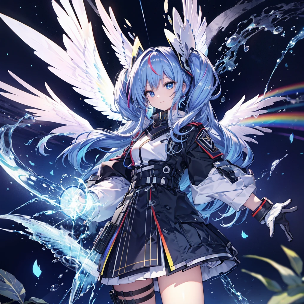 ((Archangel　Fantasy　Rainbow Hair　Make your hair rainbow-colored on the inside　Please make your hairstyle into a twin drill.　Rainbow Eyes　starの虹彩　He has a gun　uniform　Put on a coat without putting your arms through it　Wings many times larger than mine　rainbow gradient feathers　Lonely　Smiling Kindly　Left facing))　((tears　gloves))　(Broken glass　Rolling Pebbles　Distorted Space-Time　star)　Catch the wind　milky way　Shining Background　Particles of light, rainbow colored edges　Shining Edge　star

