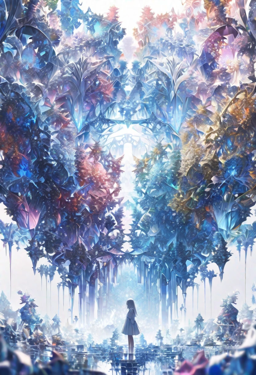 ((masterpiece)), (anime:1.3), ((Highest quality)), (Abstract art:1.5), (High resolution), (pale colour), Wide Shot, (Fractal structure:1.5), (Simple white background:1.6), landscape, (beautiful), (Biological atmosphere), deep sea, (pretty girl), (Hollow Eyes), (profile), beautiful白い髪, (Are crying), transparent Glass ice mirror Blue rose crystal Photorealistic CG