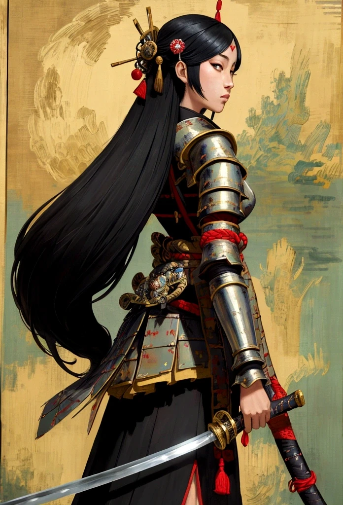 a picture of Japanese female knight, she has long black hair, wearing samurai armor, armed with a katana, ready for battle, ((shot taken from the back)), Japanese fantasy art, (Masterpiece: 1.5), 16k, highres, best quality, high details, ultra detailed, masterpiece, best quality, (extremely detailed), arafed, dnd art, JapaneseKatana, wtrcolor style