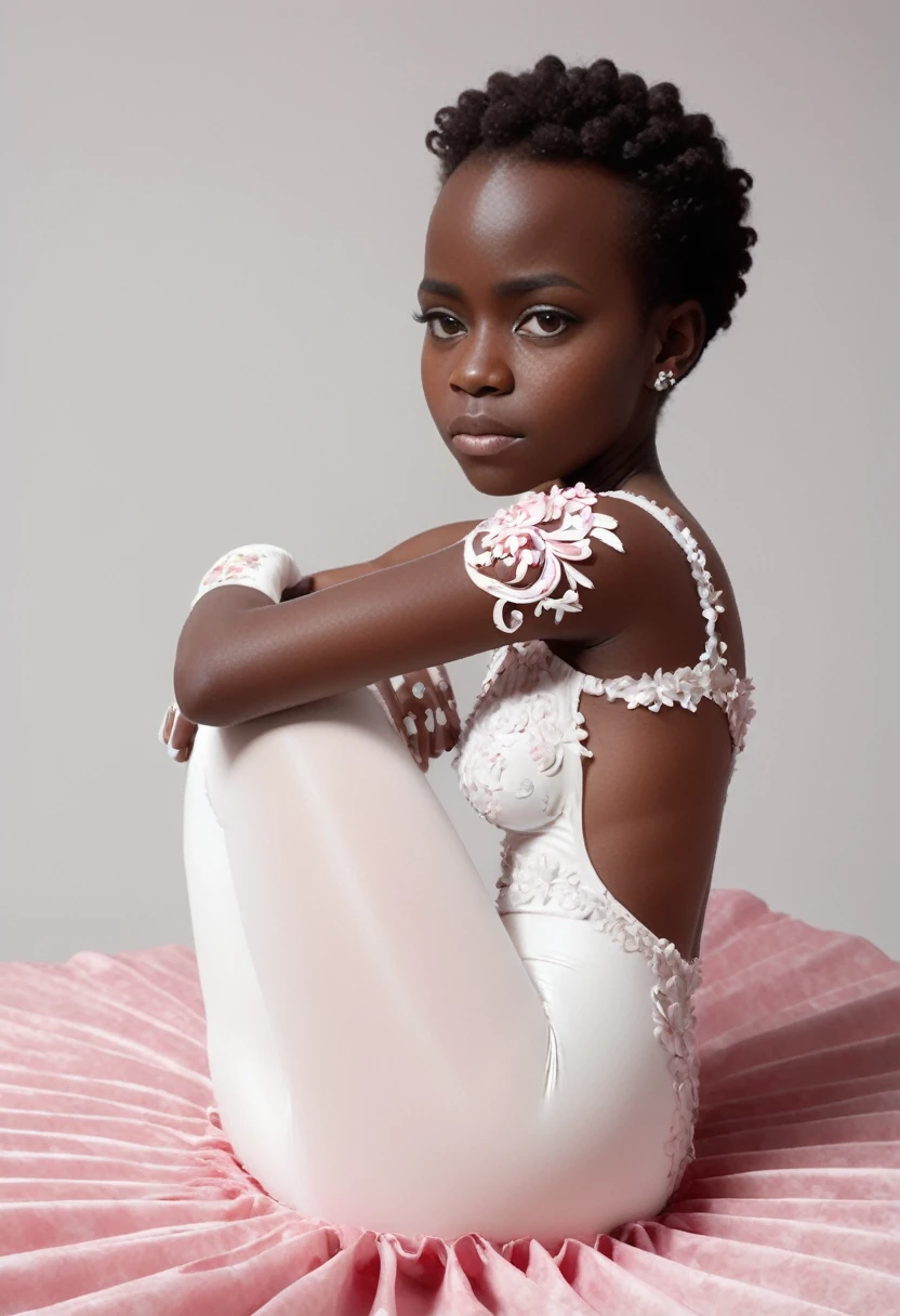 (xlsanaa, dark skin, kenyan, Style-Princess, fflixbom, white and pink cat facepaint) (1 man, 1 catgirl) (hetero, couple) (crossdressing, fully clothed) (brown hair, blue eyes) (portrait) (women's clothes only) (women's beautifully feminine skintight velvet floral print frilly girly pink adorable ballet leotards) (white opaque tights, no shoes) (tiaras, pink shoulder-length silk gloves:1.3) (woman's bedroom, four-poster bed) (lying down, hugging, bending knee) (intimacy, playfulness, closeness)