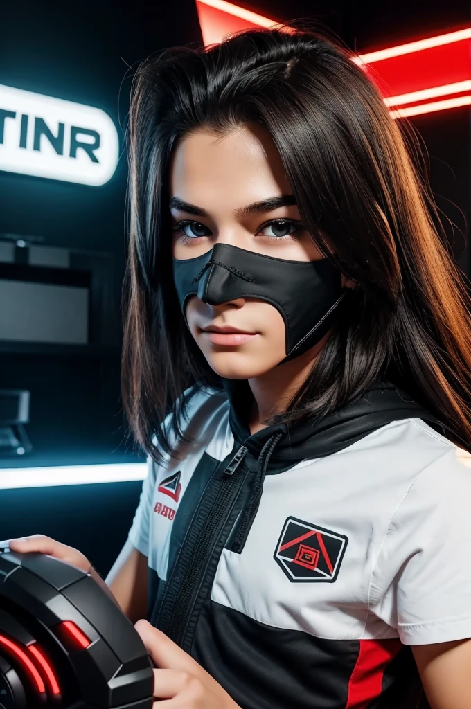 i won't to make gaming logo for youtube a 18 years old boy with mask play games with longer hair