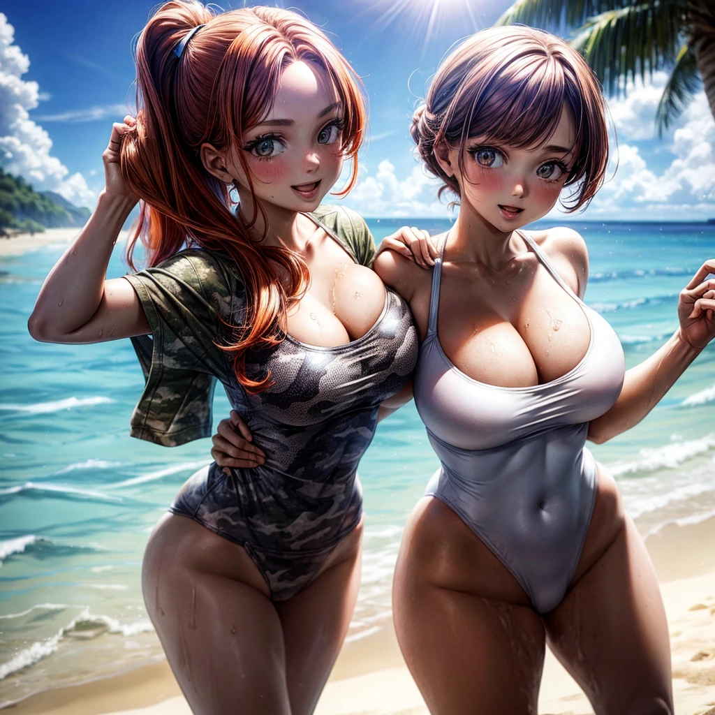 ((20 year old)) redhead women wearing (camo) printed white onepiece) swimsuits, thicc wide hips, extremely busty (beach) sand, water, sky, noon