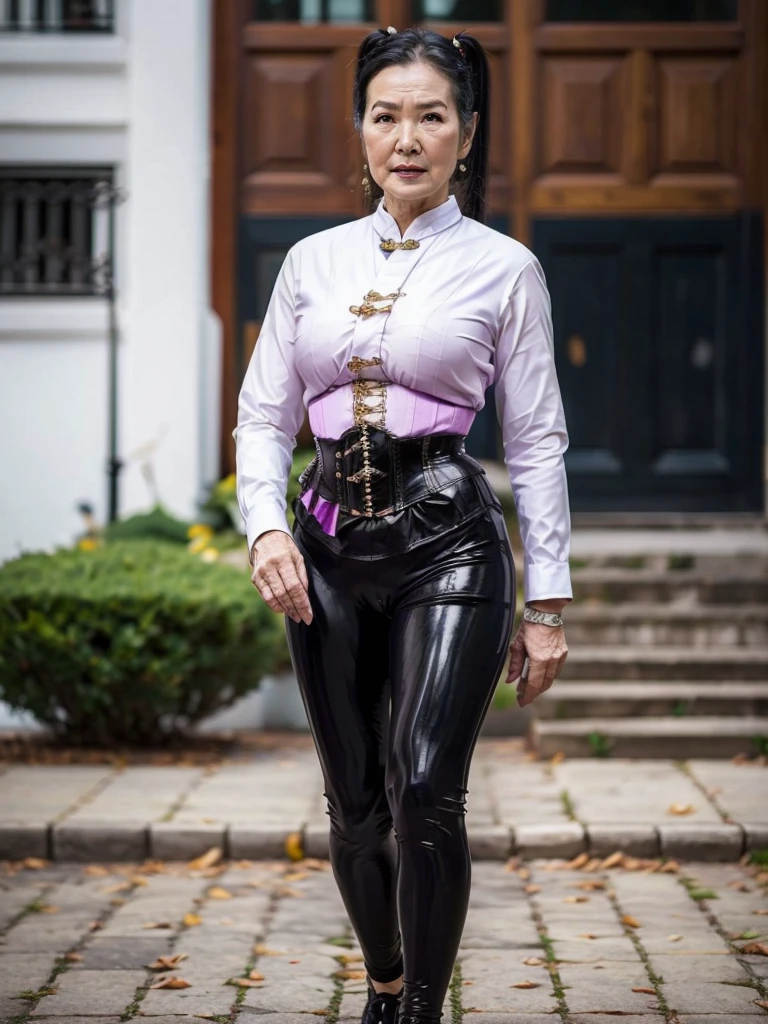 ((best quality)), ((Masterpiece)), (4k details), photorealism, full body, (((Old Asian woman))), ((Age 70)), tight black latex leggings, white cotton dress shirt, purple leather waist corset, Big muscles, Twintail hairstyle, Eyes on the camera,