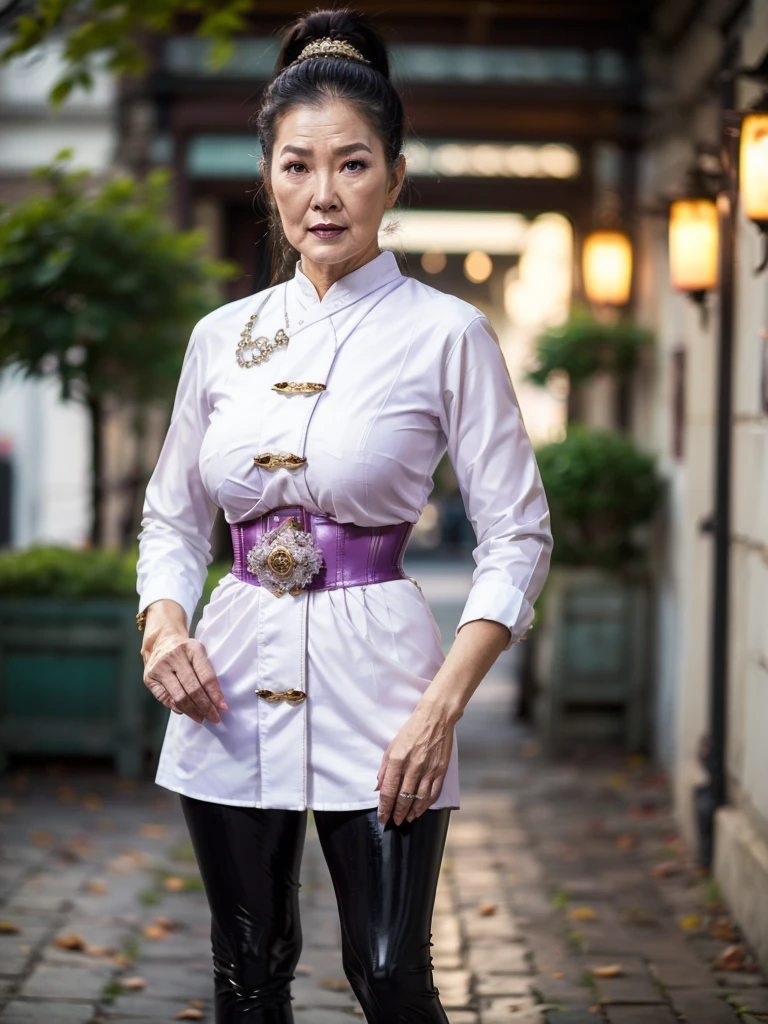 ((best quality)), ((Masterpiece)), (4k details), photorealism, full body, (((Old Asian woman))), ((Age 70)), tight black latex leggings, white cotton dress shirt, purple leather waist corset, Big muscles, Twintail hairstyle, Eyes on the camera,