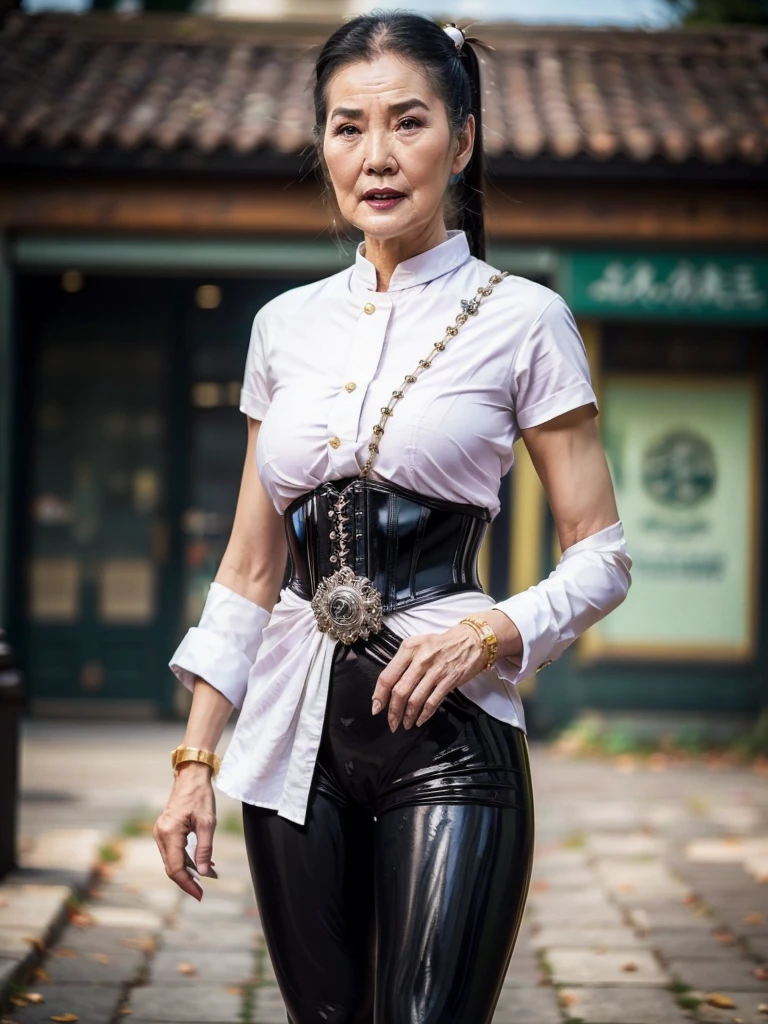 ((best quality)), ((Masterpiece)), (4k details), photorealism, full body, (((Old Asian woman))), ((Age 70)), tight black latex leggings, white cotton dress shirt, purple leather waist corset, Big muscles, Twintail hairstyle, Eyes on the camera,