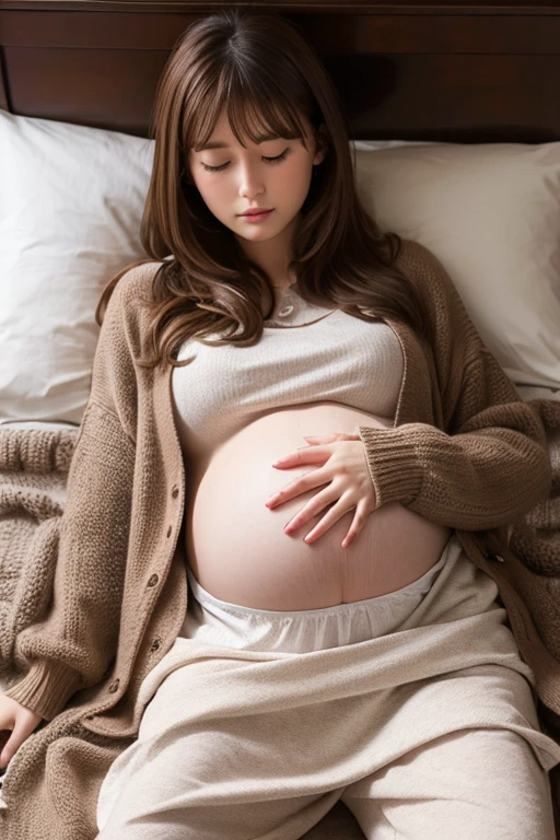 Pregnant women、Caucasian、Brown Hair、Clothing、Sleep in bed