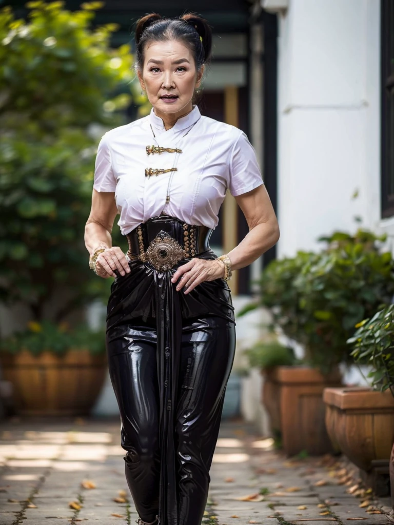 ((best quality)), ((Masterpiece)), (4k details), photorealism, full body, (((Old Asian woman))), ((Age 70)), tight black latex leggings, white cotton dress shirt, purple leather waist corset, Big muscles, Twintail hairstyle, Eyes on the camera,