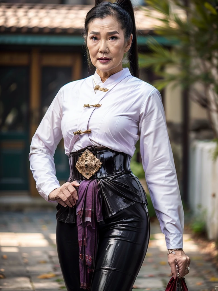((best quality)), ((Masterpiece)), (4k details), photorealism, full body, (((Old Asian woman))), ((Age 70)), tight black latex leggings, white cotton dress shirt, purple leather waist corset, Big muscles, Twintail hairstyle, Eyes on the camera,