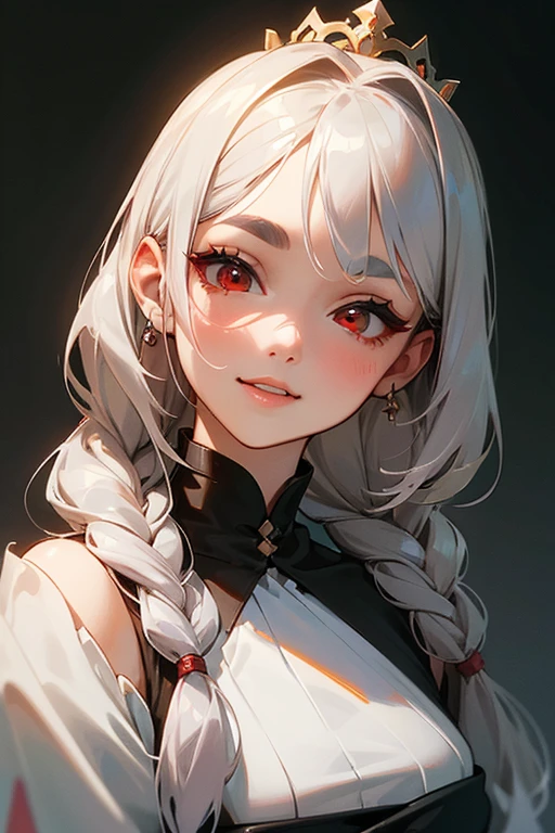 (Highest quality, masterpiece:1.2), High resolution, 最高masterpiece、Very detailed, Realistic:1.37, Fantasy, An illustration,Gray Hair、 Red eyes、Queen, White Dress、beautifully、Eyeshadow Red、Thick eyebrows、Long eyelashes、pupils are black、shiny on the lips、Top Sites、Queen、Princess、A kind smile、Show your teeth a little and smile、Soft impression、people々々々々々々々々Loved by、Slimming the face、Shoulder Bare、Sexy braids、Kissing Face、Long white hair、Shaggy Bangs、Save face image、The background is the palace、