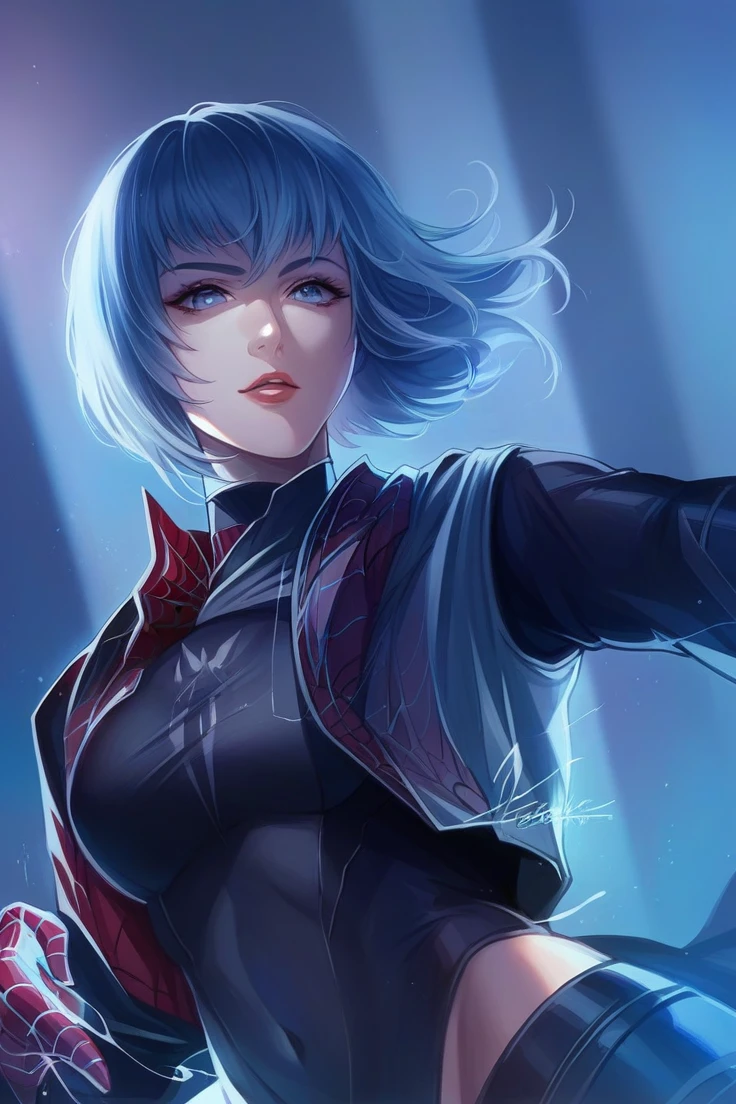 (Extreme Detail CG Unity 8K wallpaper, masterpiece, highest quality), (exquisite lighting and shadow, highly dramatic picture, cinematic lens effect), a girl in a white Spider-Man costume, silver-gray hair color, from the Spider-Man parallel universe, Wenger, Marvel, Spider-Man, sitting on the couch, dynamic pose), (excellent detail, outstanding lighting, wide angle), (excellent rendering, enough to stand out in its class), focus on white Spider-Man costumes, complex spider textures, Perfect composition
