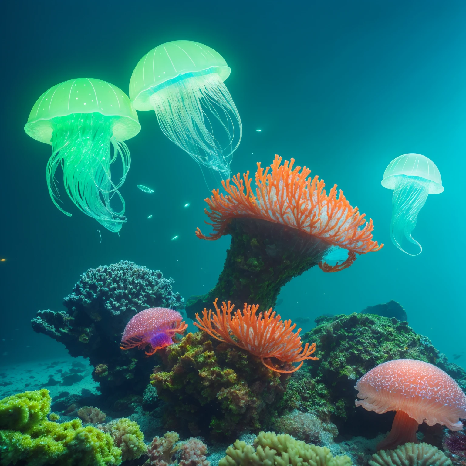 masterpiece, best quality, (Very detailed的 CG unity 8k 壁纸), (best quality), (Best Illustration), (Best shadow), 融入自然元素的Ocean Theme. Tall mangroves, rich Marine plants, Glowing jellyfish, Surrounded by fish, 发光Particle Effects,, (Marine plants), (Ocean Theme), ((Glowing algae)), (coral), ((Glowing jellyfish )), ((Bioluminescent organisms in the sea)), ((Sea Fire)), (((Particle Effects))), Isometric 3D, Octane Rendering, Ray Tracing, Very detailed