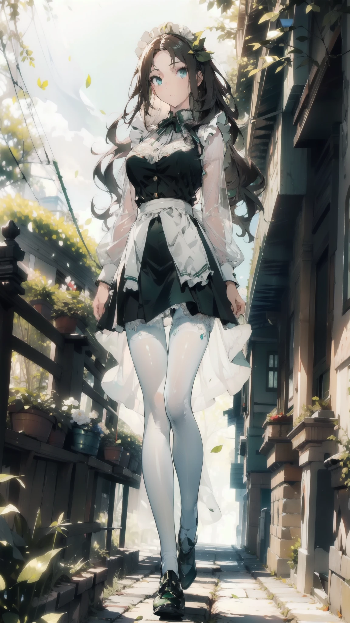 ((masterpiece, best quality)), Delicate face,Maid,whole body,Standing picture,Long legs,Large Breasts,Gradient long wavy hair,Perfect body proportions,Nice green eyes,Extremely beautiful,transparent, Pure white background,Garden falling leaves,Sexy_Bikini,Lace,Pantyhose