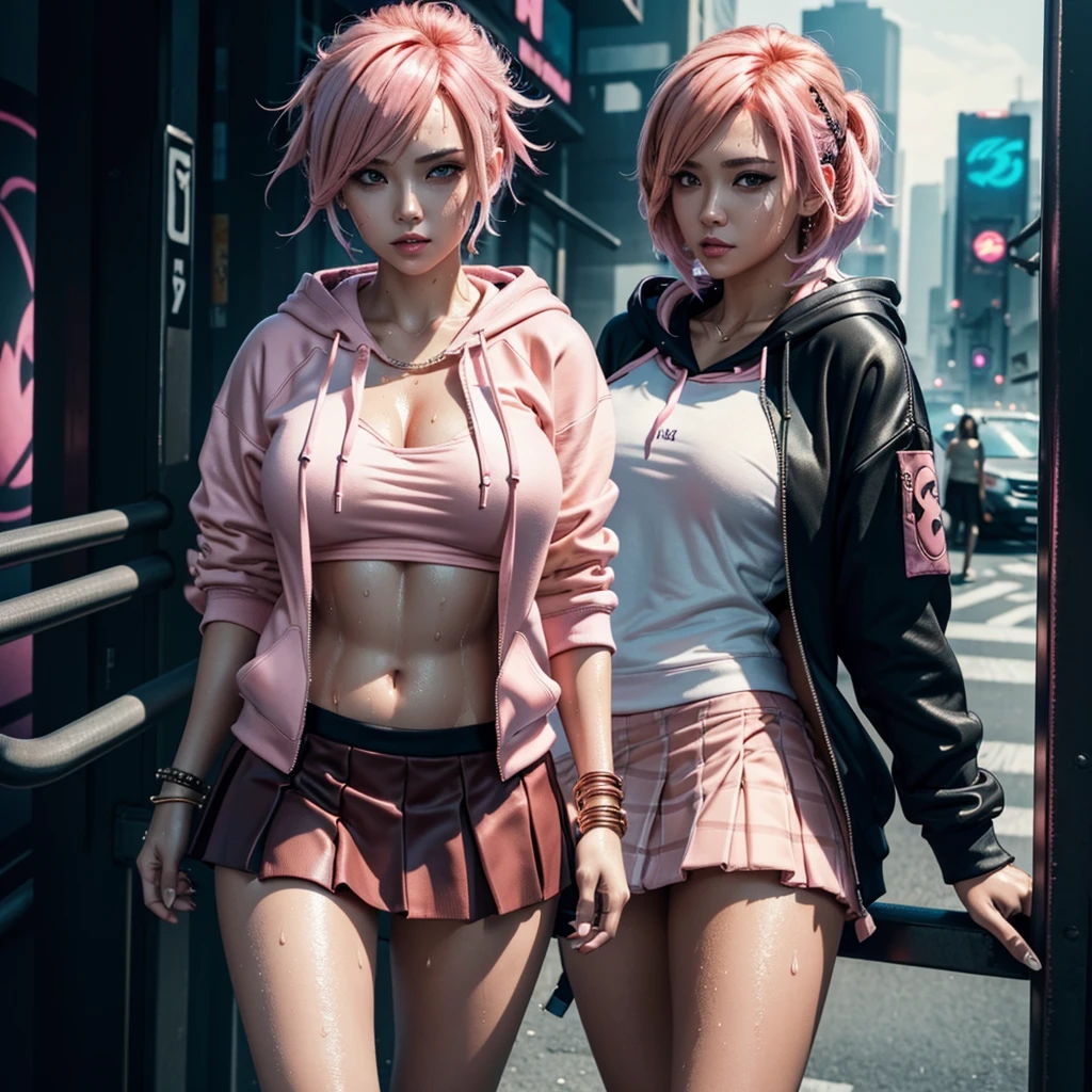 (NSFW),Professional Woman Photography, masutepiece, Super、Big, 1womanl, cyberpunk art background、Lover's perspective, (sweat bangle: 1.3), blur backgroun, beautiful villain woman photo, ((Punk style)), pantyshot,Open front, Skirt, ((pink hoodie, Peach-colored hair)), Realistic, Beautiful lips, Brown eyes, Pink checked pleated skirt, of the highest quality, Ultra Detail, Naughty angles, long eyes, Mature beautiful face, Seductive eyes, Back lighting,