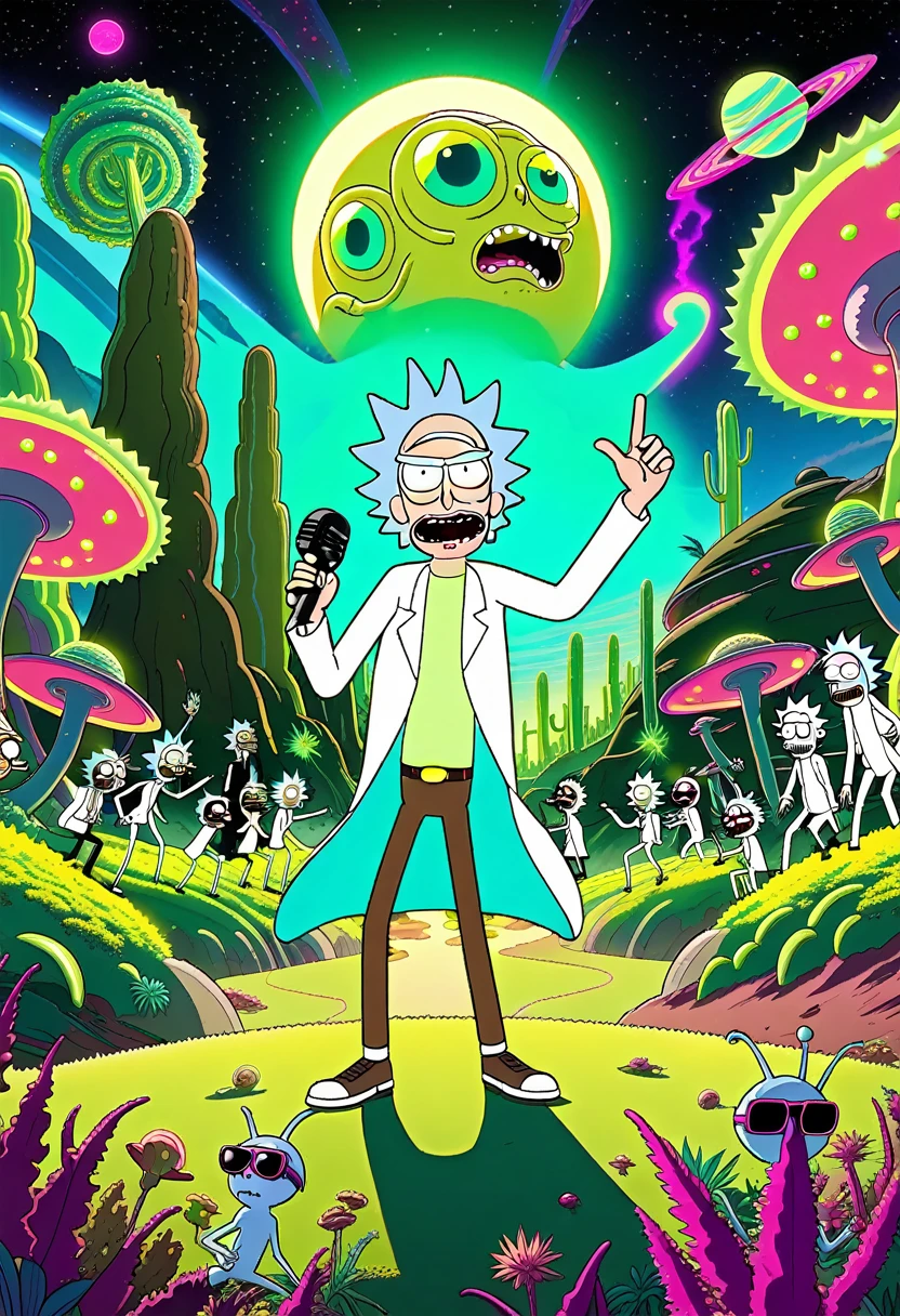 Schwifty Planet Description: A scene from Rick and Morty on an alien planet where all the beings are dancing to the sound of "Get Schwifty".
    Detalhes: The planet is covered in luminous vegetation and alien creatures with exotic appearances. Rick and Morty are at the center, in exaggerated dance poses, with Rick wearing sunglasses and holding a microphone.