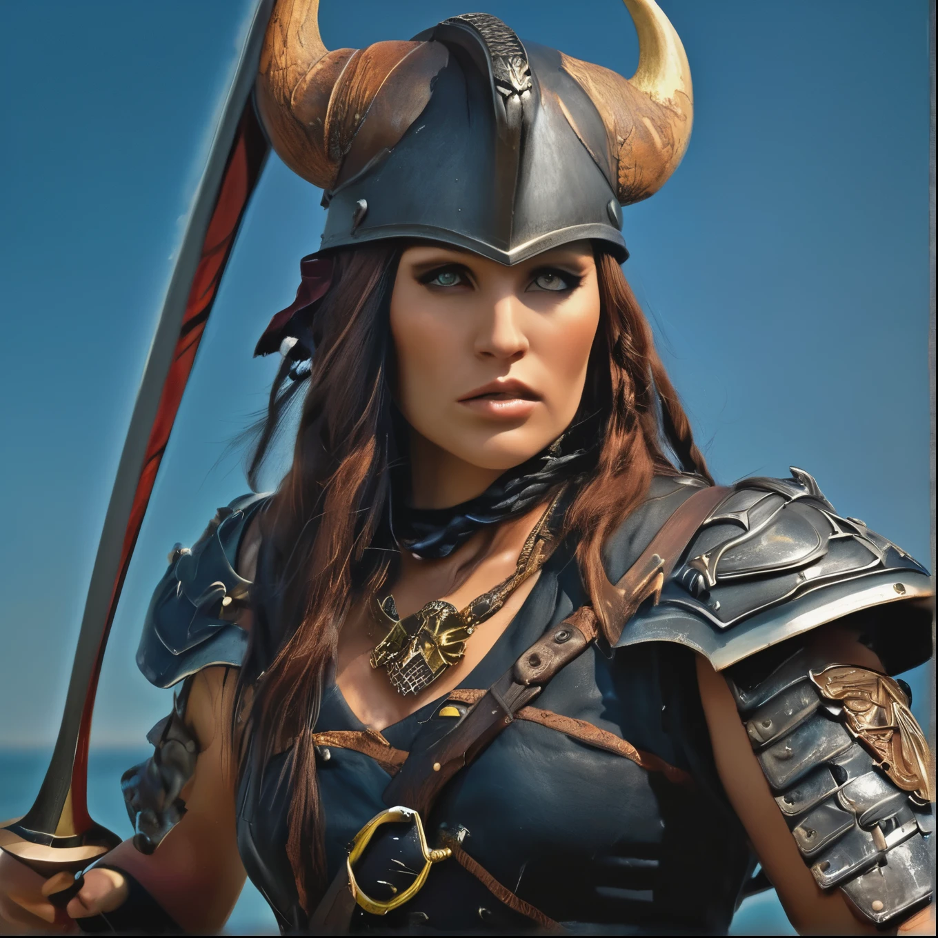 (Viking warrior, Wearing leather armor and a horned helmet), Big Pirate Ship、Beautiful attention to detail, Beautiful lip detail, Highly detailed eyes and face, Warrior Attitude, Standing confidently in a dramatic pose, Hold your battle axe high, Brandishing a menacing sword, A look of determination, Her face has scars and battle scars, She has a dragon tattoo on her neck, Cinematic lighting and composition, Dramatic shadows and highlights, Photorealistic textures and details, Realistic and vibrant colors, Vibrant backgrounds and scenery, Highly detailed hairstyles and braid styles, Masterpiece quality and resolution, Powerful, cinematic feel, Create a sense of awe and intimidation.