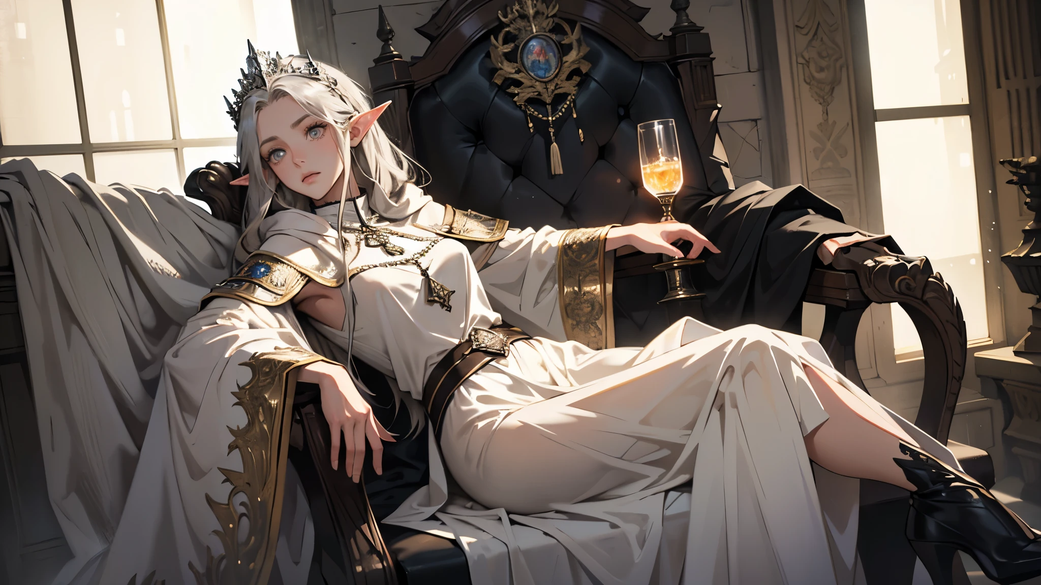 masterpiece, ultra detailed, 8K Portrait, Raw photo, a portrait photo of girl, Highly detailed face, beautiful and meticulous eyes, ((Fantasy)), (elf:1.0), 1woman, 30 year old, gray long hair, brown eyes, (melancholy expression:1.2), tiara, skinny, (ultra thin black transparent silk cloth), hooded long white coat Fluttering in the wind, ((bare foots)), Midday Sun, Hyper realistic, out of medieval castle in the sky, sitting on the throne, Ambient lighting, Shadow details , strong breeze, Light fog
