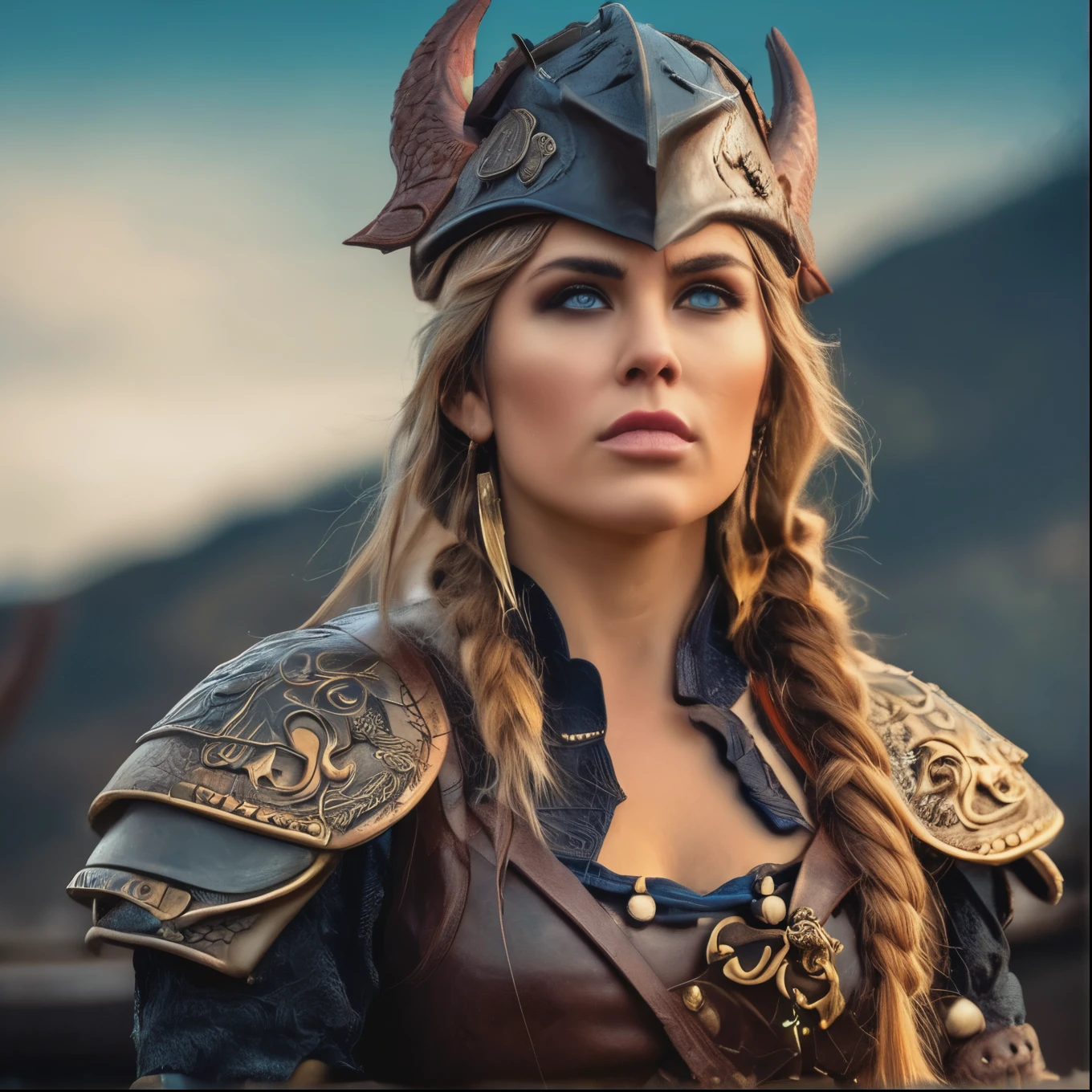 (Viking warrior, Wearing leather armor and a horned helmet), Big Pirate Ship、Beautiful attention to detail, Beautiful lip detail, Highly detailed eyes and face, Warrior Attitude, Standing confidently in a dramatic pose, Hold your battle axe high, Brandishing a menacing sword, A look of determination, Her face has scars and battle scars, She has a dragon tattoo on her neck, Cinematic lighting and composition, Dramatic shadows and highlights, Photorealistic textures and details, Realistic and vibrant colors, Vibrant backgrounds and scenery, Highly detailed hairstyles and braid styles, Masterpiece quality and resolution, Powerful, cinematic feel, Create a sense of awe and intimidation.