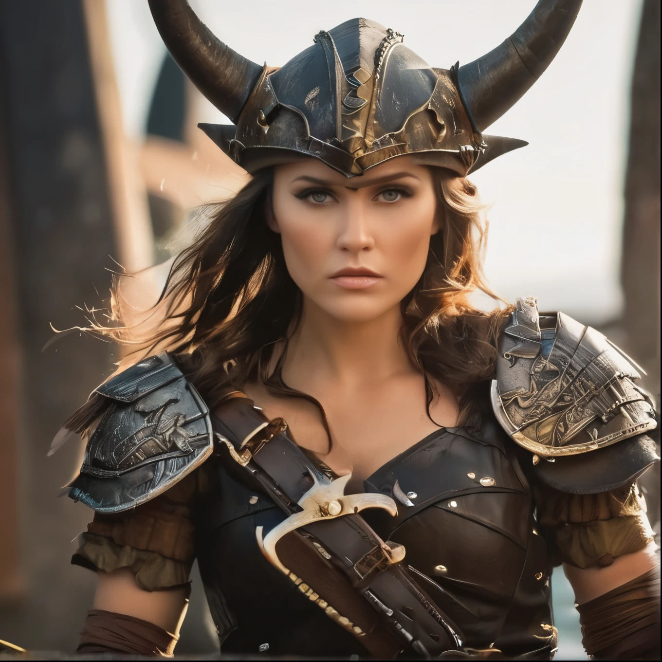 (Viking warrior, Wearing leather armor and a horned helmet), Big Pirate Ship、Beautiful attention to detail, Beautiful lip detail, Highly detailed eyes and face, Warrior Attitude, Standing confidently in a dramatic pose, Hold your battle axe high, Brandishing a menacing sword, A look of determination, Her face has scars and battle scars, She has a dragon tattoo on her neck, Cinematic lighting and composition, Dramatic shadows and highlights, Photorealistic textures and details, Realistic and vibrant colors, Vibrant backgrounds and scenery, Highly detailed hairstyles and braid styles, Masterpiece quality and resolution, Powerful, cinematic feel, Create a sense of awe and intimidation.