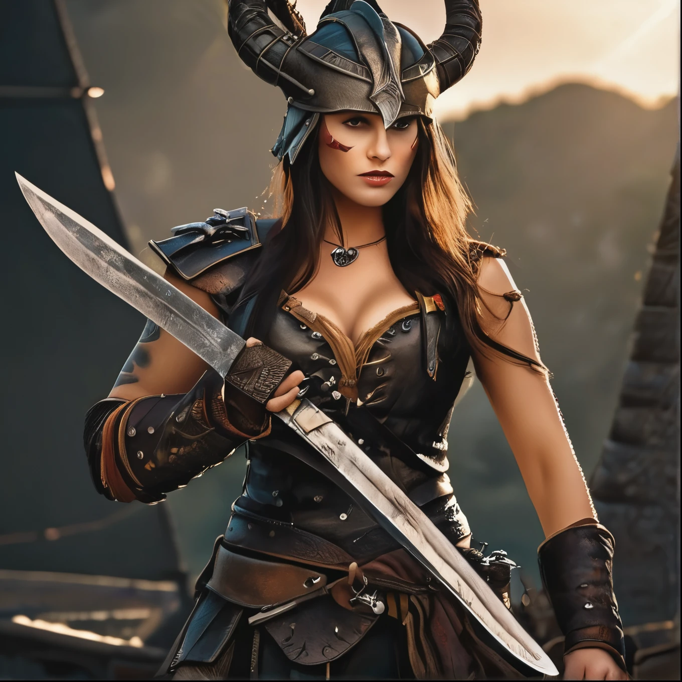 (Viking warrior, Wearing leather armor and a horned helmet), Big Pirate Ship、Beautiful attention to detail, Beautiful lip detail, Highly detailed eyes and face, Warrior Attitude, Standing confidently in a dramatic pose, Hold your battle axe high, Brandishing a menacing sword, A look of determination, Her face has scars and battle scars, She has a dragon tattoo on her neck, Cinematic lighting and composition, Dramatic shadows and highlights, Photorealistic textures and details, Realistic and vibrant colors, Vibrant backgrounds and scenery, Highly detailed hairstyles and braid styles, Masterpiece quality and resolution, Powerful, cinematic feel, Create a sense of awe and intimidation.