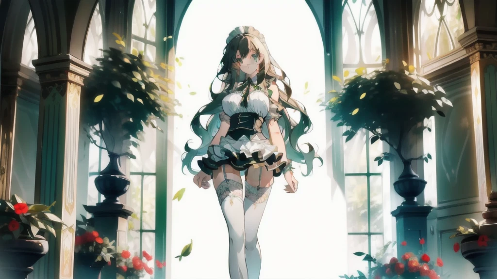 ((masterpiece, best quality)), Delicate face,Maid,whole body,Standing picture,Long legs,Large Breasts,Gradient long wavy hair,Perfect body proportions,Nice green eyes,Extremely beautiful,transparent, Pure white background,Garden falling leaves,Sexy_Bikini,Lace,Garter stockings