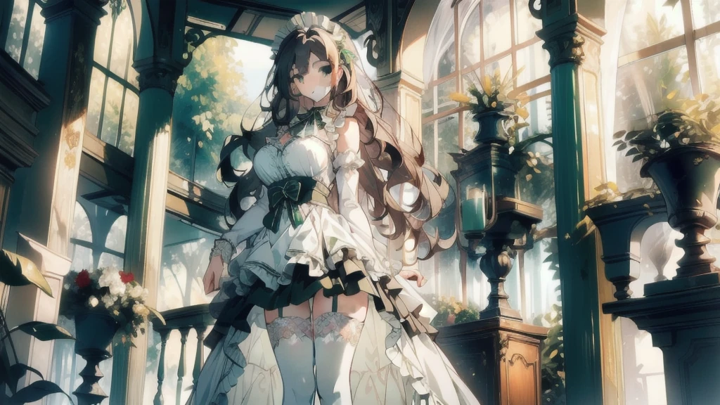 ((masterpiece, best quality)), Delicate face，Maid，whole body，Standing picture，Long legs，Large Breasts，Gradient long wavy hair，Perfect body proportions，Nice green eyes，Extremely beautiful，transparent， Pure white background，Garden falling leaves，Sexy_Bikini，Lace，Garter stockings