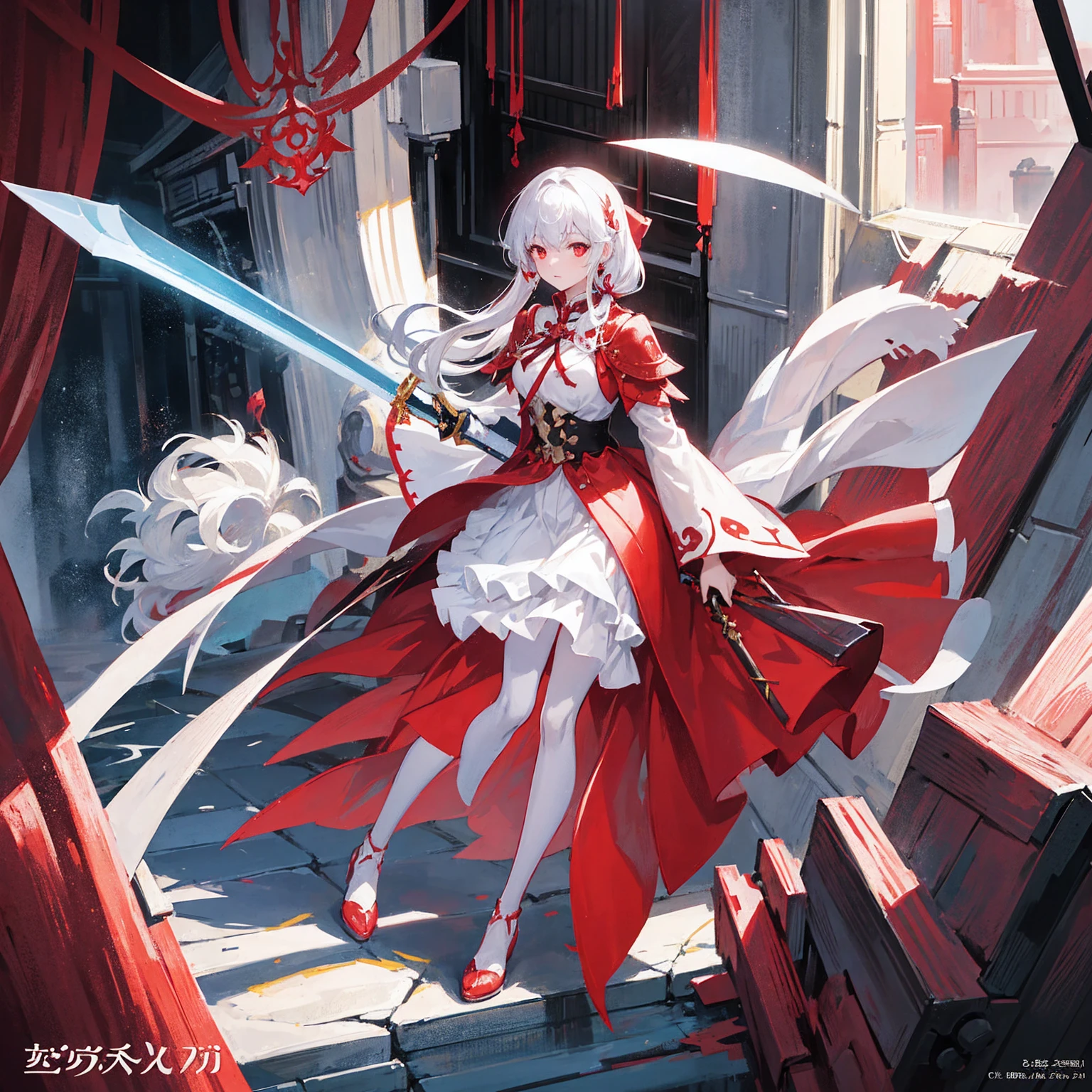 Wearing a red and white dress、anime girl holding sword, Highly detailed official artwork, Epic Light Novel Cover Art, epic Light novel cover art, Silver and red armor, guweiz on pixiv artstation, Anime style 4K, Detailed key animation art, Light novel cover art, Anime Fantasy Artwork,White hair and red eyes,Side Ponytail,Waist-length hair,one person,Portraiture,Look forward