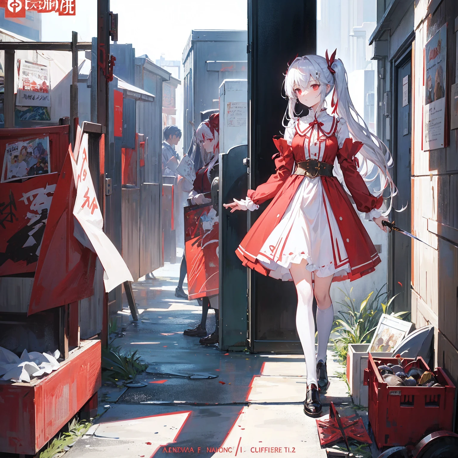 Wearing a red and white dress、anime girl holding sword, Highly detailed official artwork, Epic Light Novel Cover Art, epic Light novel cover art, Silver and red armor, guweiz on pixiv artstation, Anime style 4K, Detailed key animation art, Light novel cover art, Anime Fantasy Artwork,White hair and red eyes,Side Ponytail,Waist-length hair,one person,Portraiture,Look forward
