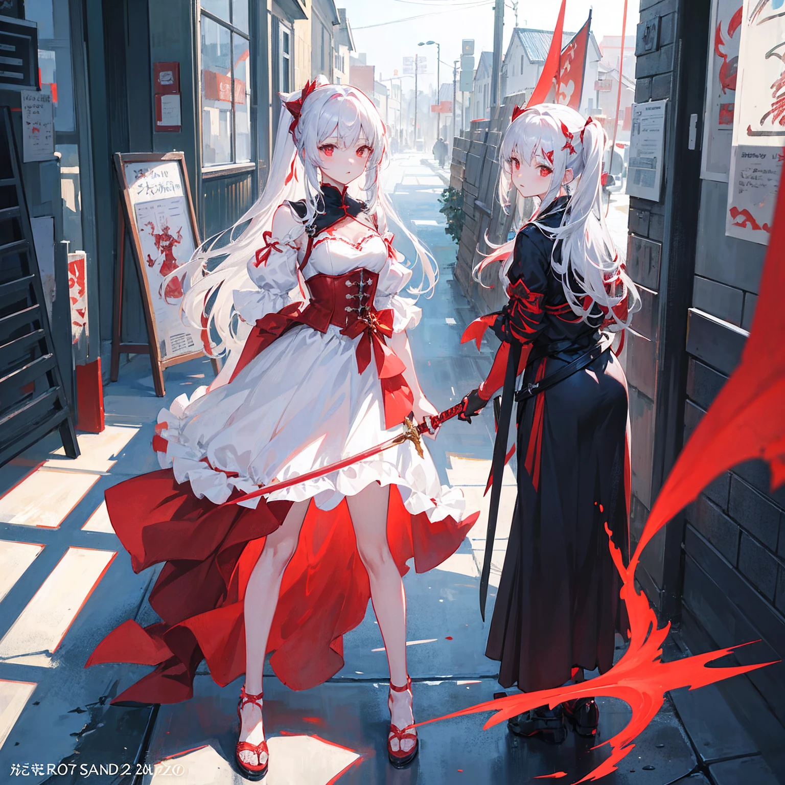 Wearing a red and white dress、anime girl holding sword, Highly detailed official artwork, Epic Light Novel Cover Art, epic Light novel cover art, Silver and red armor, guweiz on pixiv artstation, Anime style 4K, Detailed key animation art, Light novel cover art, Anime Fantasy Artwork,White hair and red eyes,Side Ponytail,Waist-length hair,one person,Portraiture,Look forward