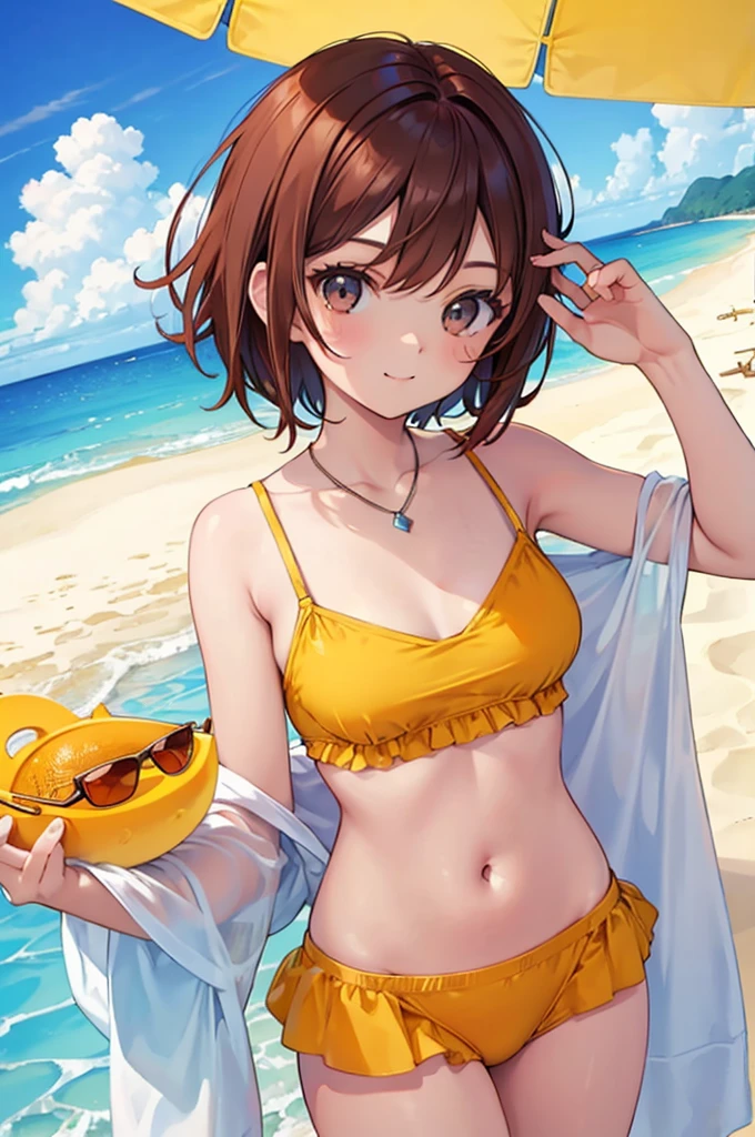 Reddish brown hair　Short Bob　Brown eyes　beautiful girl　Yellow swimsuit　blue sea　White sand beach　Light of the sun　smile　sunglasses
