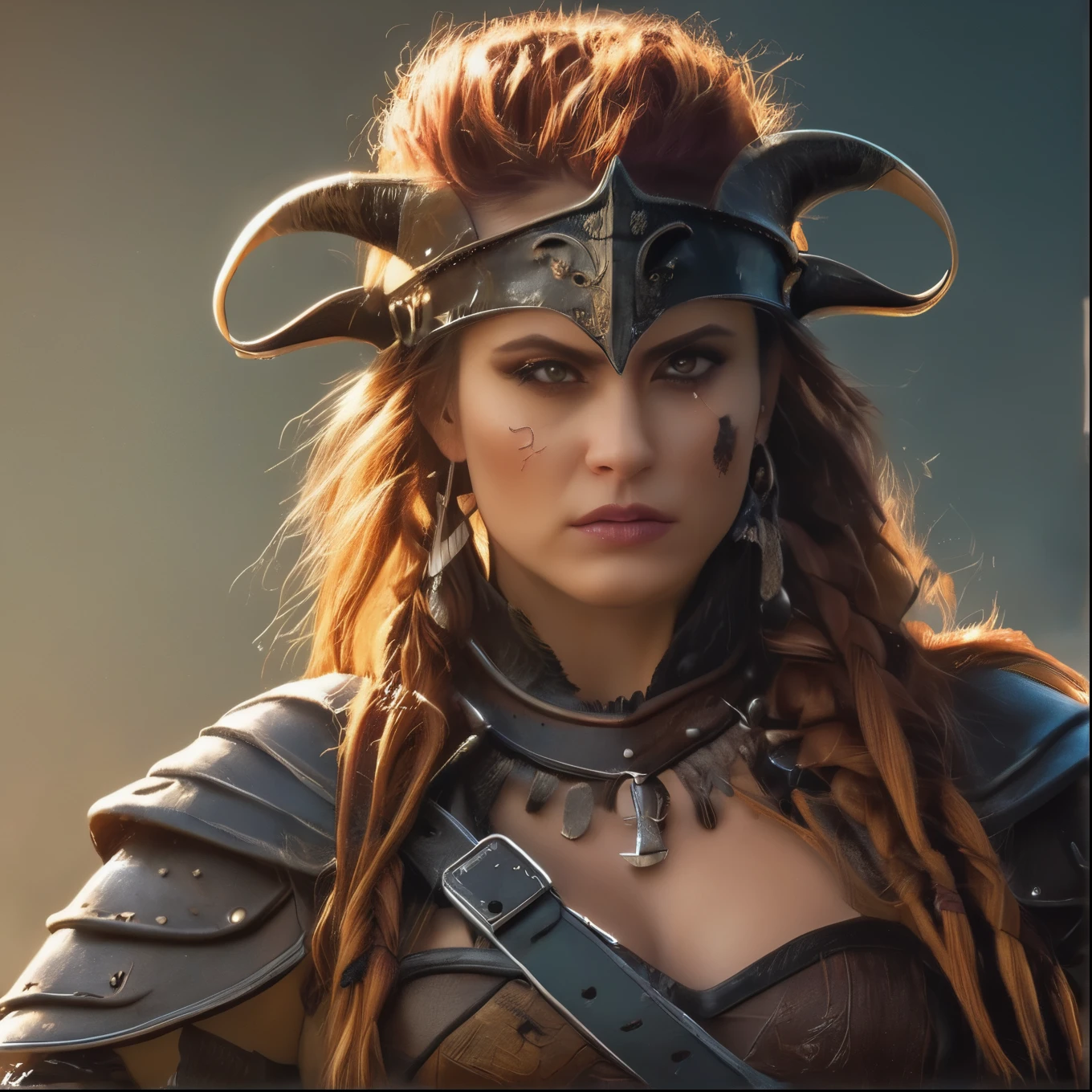 (Viking warrior, Wearing leather armor and a horned helmet), Big Pirate Ship、Beautiful attention to detail, Beautiful lip detail, Highly detailed eyes and face, Warrior Attitude, Standing confidently in a dramatic pose, Hold your battle axe high, Brandishing a menacing sword, A look of determination, Her face has scars and battle scars, She has a dragon tattoo on her neck, Cinematic lighting and composition, Dramatic shadows and highlights, Photorealistic textures and details, Realistic and vibrant colors, Vibrant backgrounds and scenery, Highly detailed hairstyles and braid styles, Masterpiece quality and resolution, Powerful, cinematic feel, Create a sense of awe and intimidation.