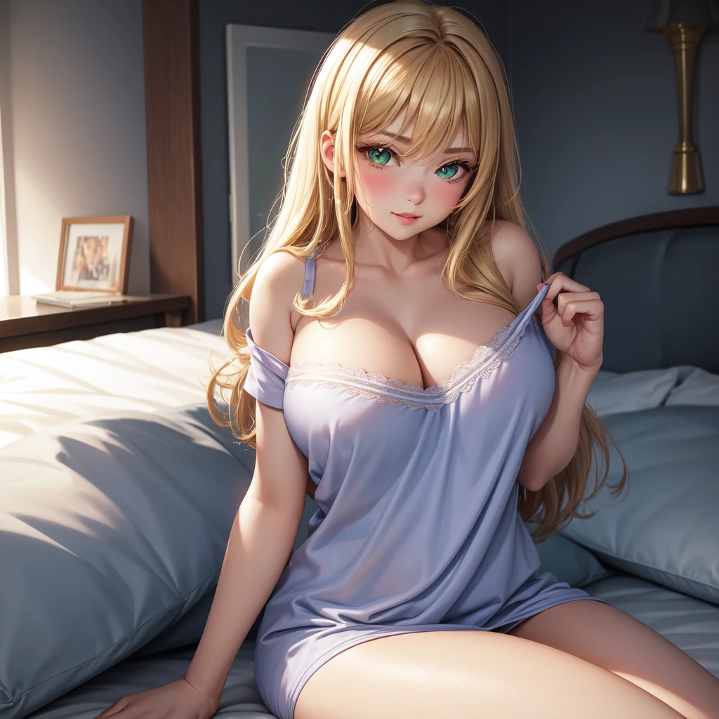 1 girl, solo,sitting on bed, holding, Big round breasts, curvy hips, hourglass waist, realistic, bright blonde hair, light green eyes, amazing big eyes, eye details, eyebrow details,pyjamas, parted lips, blush, confident, dominant, bdsm, smirk, naughty, mischevious face, HD, good quality, shiny, cartoon