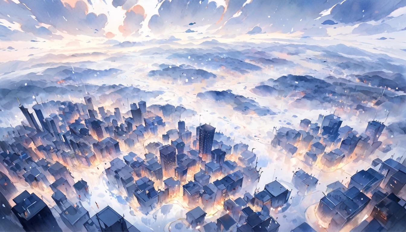 ((masutepiece)), ((best quality)), (abstract art:1.4), wide shot, (High Definition), from above, (watercolor painting:1.3), pale blue, wide shot, (cold atmosphere), (raindrops), drop of water, Rain, (simple white background:1.2), cityscape,