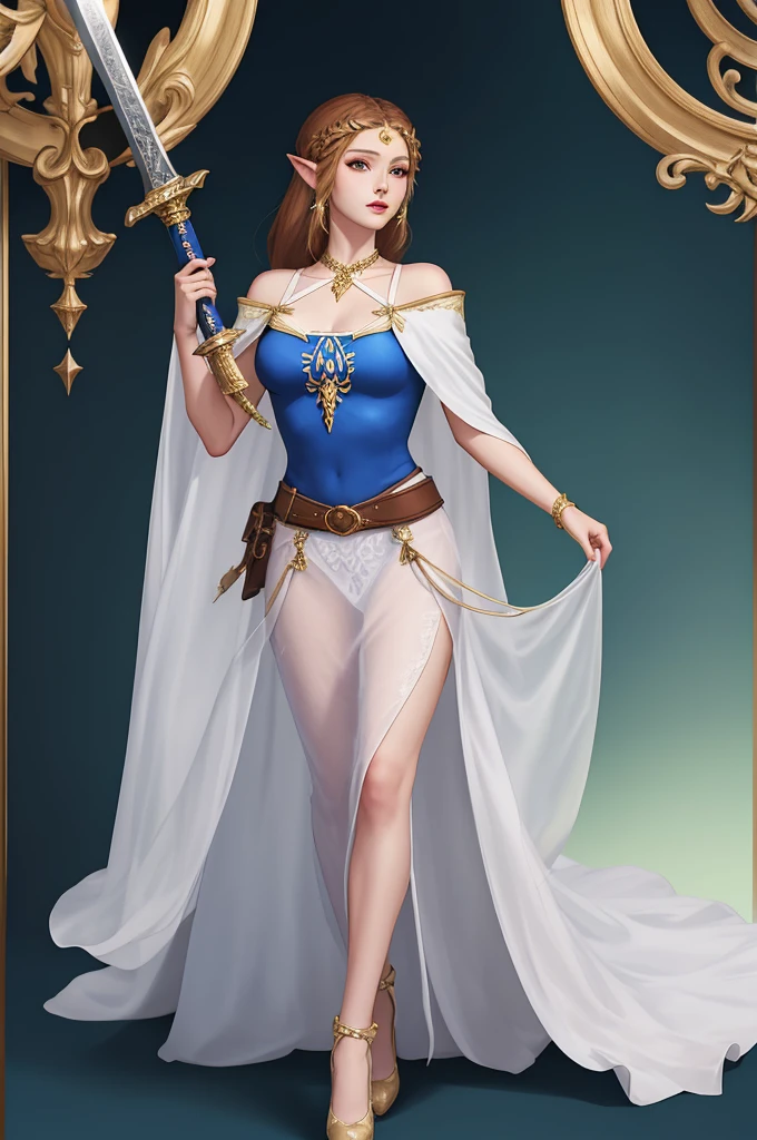 Final Fantasy 4，Rosa Farrell，Wearing a cape、Woman holding a sword, princess Zelda, Zelda Dusk Princess, Zelda, Dusk Princess, A rendering of Mirabelle Madrigal, portrait of princess Zelda, Fantasy Costume, Fashion RPG Clothing, Full body close-up, Padmé Adara, Full body fairy, From &quot;Final Fantasy 13&quot;, High-quality rendering, Beautiful full body concept art